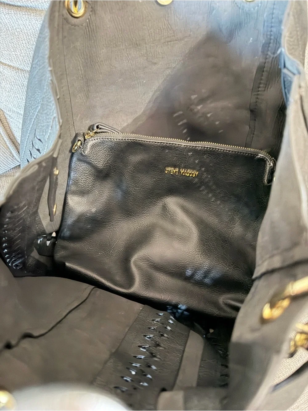 Steve Madden Black Leather Tote with Tassel and Gold Accents